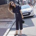 Short-sleeve Drawstring Waist Jumpsuit