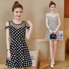 Cold-shoulder Mesh Panel Polka Dot A-line Dress