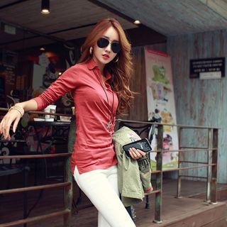 Collared V-neck Long-sleeve T-shirt