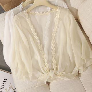 3/4-sleeve Lace Trim Tie-front Chiffon Jacket
