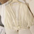 3/4-sleeve Lace Trim Tie-front Chiffon Jacket