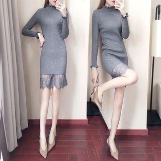 Mock Two-piece Long-sleeve Mock Neck Lace Panel Mini Knit Dress