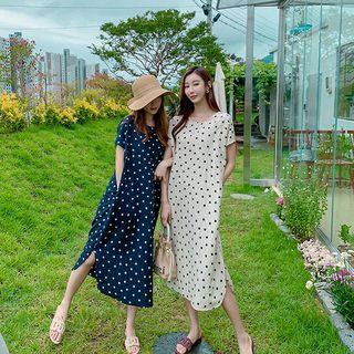 Cap-sleeve Polka-dotted Linen Blend Dress