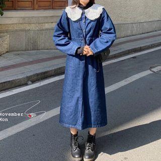 Long-sleeve Collared Denim Midi A-line Dress