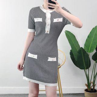 Short-sleeve Striped Knit Sheath Dress Black & White - One Size