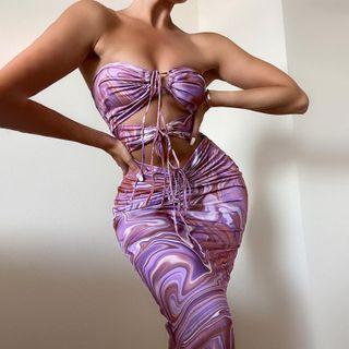 Halter-neck Tie Dye Cut-out Midi Bodycon Dress