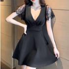 Short-sleeve Lace Trim Plunge-neck Mini A-line Dress