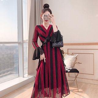 Striped Bell-sleeve Midi A-line Lace Dress