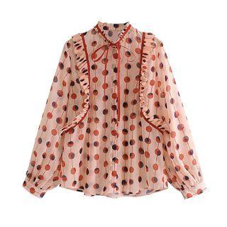 Long-sleeve Bow-neck Dotted Ruffle Trim Blouse