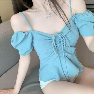 Puff-sleeve Cold-shoulder Drawstring Top