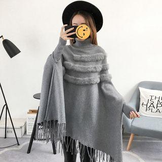 Turtleneck Furry-trim Fringed Knit Poncho