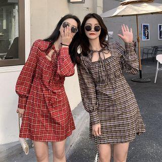 Long Sleeve Lace Up Square Neck Plaid A-line Dress