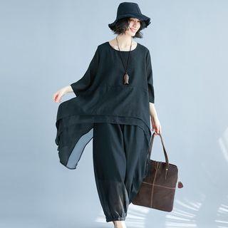 Set : Plain 3/4-sleeve Top + Pants