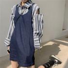 Long-sleeve Striped Shirt / Mini A-line Denim Pinafore Dress