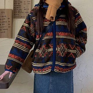 Print Hooded Fleece Cardigan As Shown In Figure - One Size