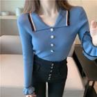Long-sleeve Contrast Trim Collared Knit Top