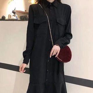 Ruffle Hem Long-sleeve Shirtdress