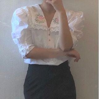 Flower Embroidered Puff-sleeve Blouse As Shown In Figure - One Size