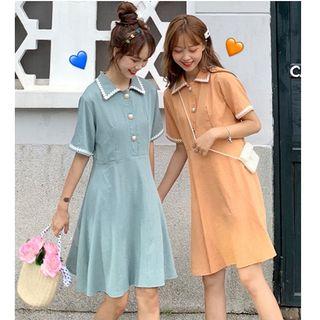 Short-sleeve Heart Embroidered Trim A-line Dress
