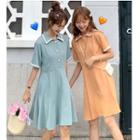 Short-sleeve Heart Embroidered Trim A-line Dress