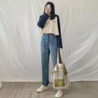 Set:long Sleeve Letter Print Raglan Cropped Top + Wide-leg Jeans