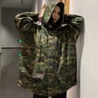 Hooded Camo Zip Jacket As Shown In Figure - One Size