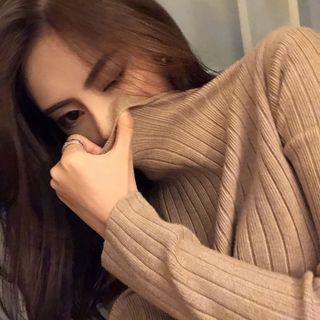 Plain Turtleneck Long-sleeve Knit Dress Khaki - One Size