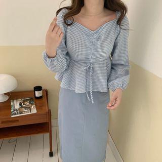 Plaid Blouse / Back Slit Midi Skirt