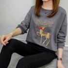 Deer Embroidered Round Neck Pullover