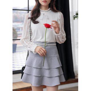 Frill-neck Lace-sleeve Blouse Ivory - One Size