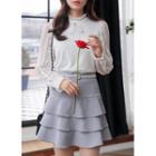 Frill-neck Lace-sleeve Blouse Ivory - One Size