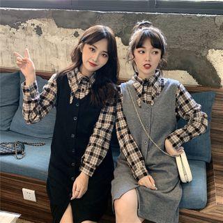 Plaid Shirt / V-neck Pinafore Dress