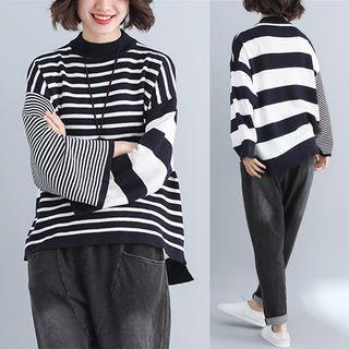 Mock-neck Striped Sweater As Shown In Figure - One Size