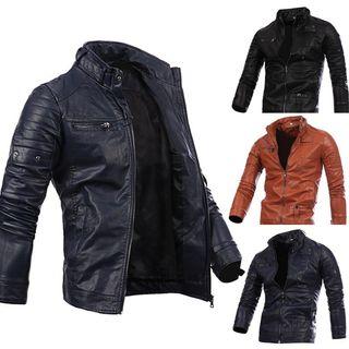 Faux-leather Stand Collar Zip Jacket