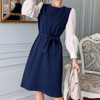 Color-block Ruched-sleeve Slim-cut Dress