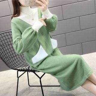 Mock-turtleneck Balloon-sleeve Midi Sweater Dress