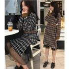 Mock-neck Mesh Hem Plaid Long-sleeve Dress