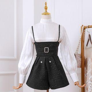 Set: Lantern-sleeve Blouse + Sequined Camisole + Shorts