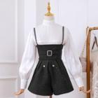 Set: Lantern-sleeve Blouse + Sequined Camisole + Shorts
