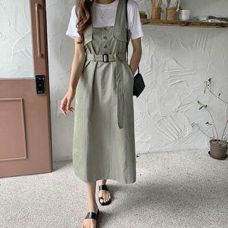 Flap-front Button-detail Suspender Dress With Belt