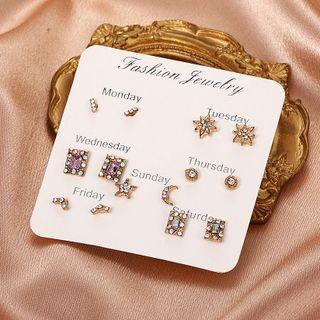 7 Pair Set: Rhinestone Alloy Earring (various Designs) 7 Pairs - 01 - Gold - One Size