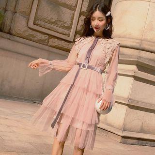 Long-sleeve Mesh Overlay Dress