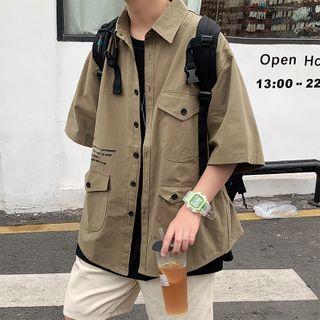 Elbow-sleeve Letter Printed Cargo Shirt