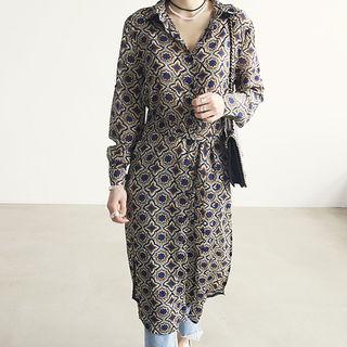Slit-side Patterned Long Dress With Sash