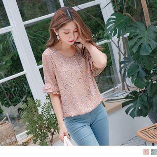 Ruffle Sleeve Floral Round Neck Chiffon Top