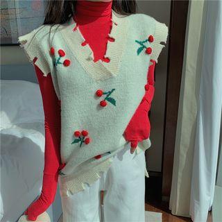 Mock Neck Long-sleeve Plain Top / Cherry Patterned Knit Vest