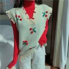 Mock Neck Long-sleeve Plain Top / Cherry Patterned Knit Vest