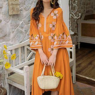 Bell-sleeve Floral Embroidered Midi Dress