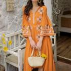 Bell-sleeve Floral Embroidered Midi Dress