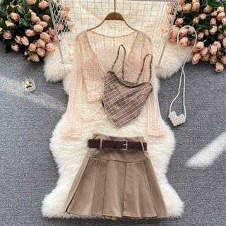 Set Of 3 : Plaid Camisole Top + V-neck Lace Cropped Top + Plain A-line Skirt